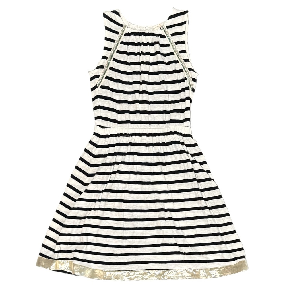 White and navy blue dress with gold trimming